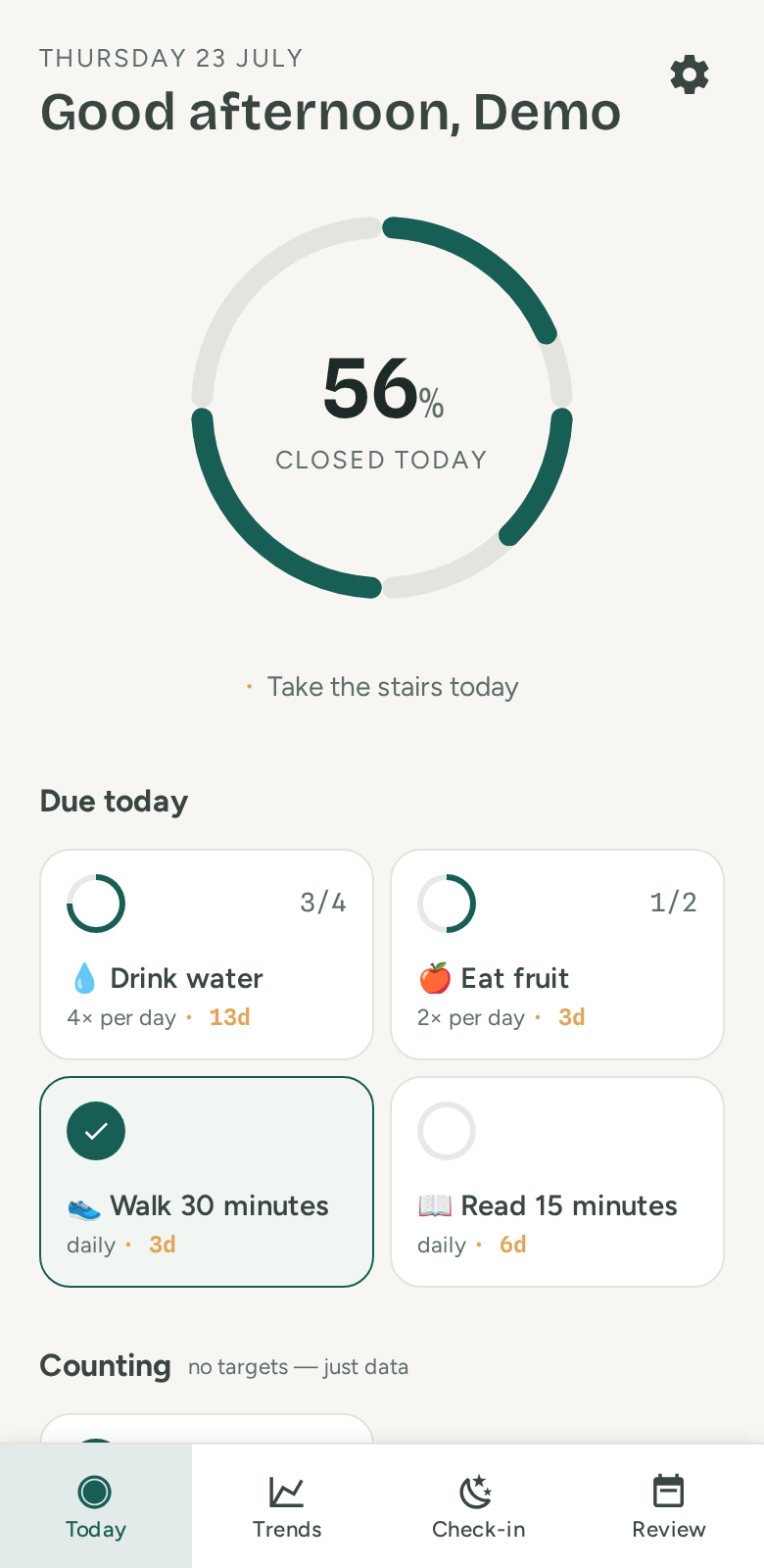 The Today screen: a day ring at 56% with habit tiles below